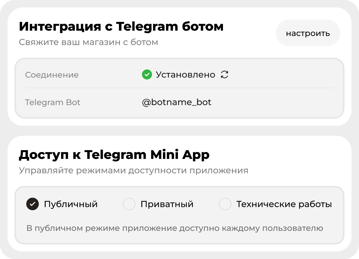 Панель управления: Telegram-бот привязан к магазину, для Mini App выбран публичный режим доступа