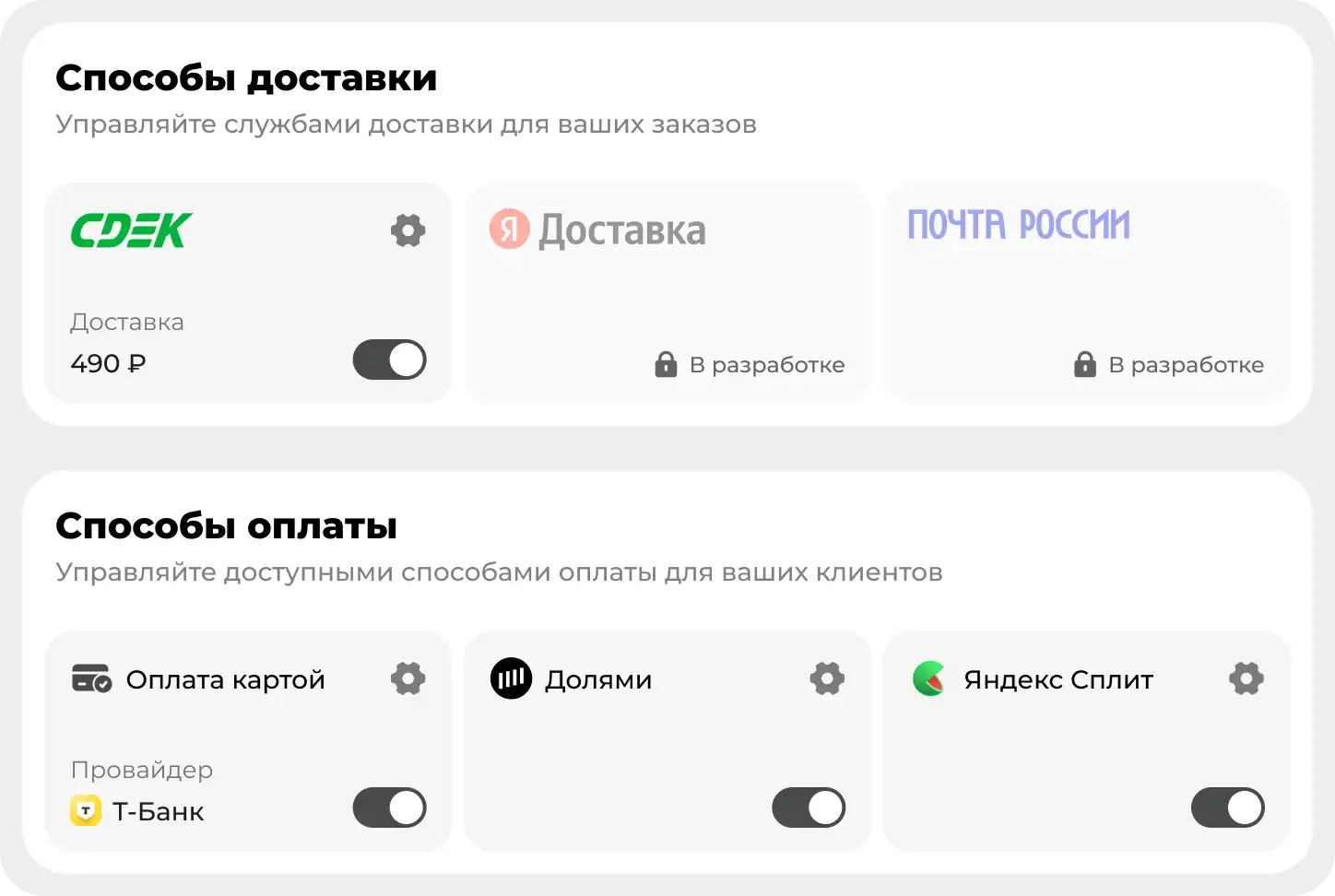 Настройка доставки и оплаты: подключён СДЭК, из способов оплаты — карта, Долями, Яндекс Сплит и Т-Банк